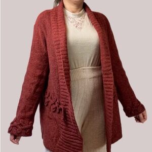 Pendleton Plus Rust Red Open Front Cardigan Sweater/Floral Crochet /Cozy Knit